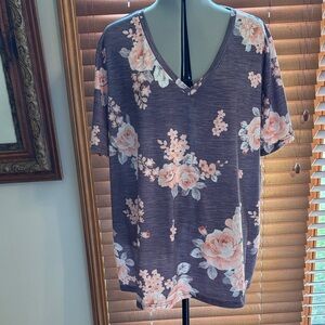 Floral V-Neck Women's Short Sleeve Top Blue Heathered with Peach Rose 4XL EUC